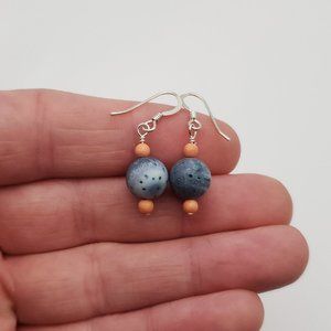 925 Sterling Silver Cute Blue Stone And Shell Dangle Earrings